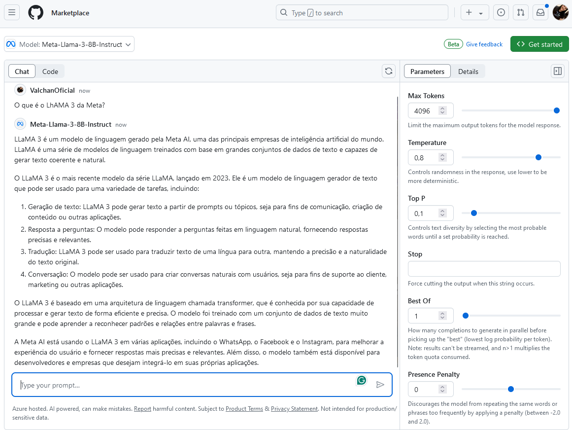 Github Models: Utilizando o playground do modelo Meta-Llama-3-8B-Instruct